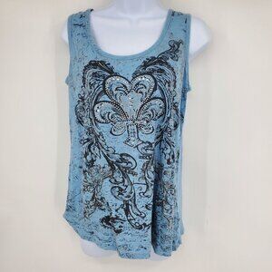 Vintage‎ RXB Y2K Sequin Front Blue Patterned Sleeveless Tank Top Shirt Size XL